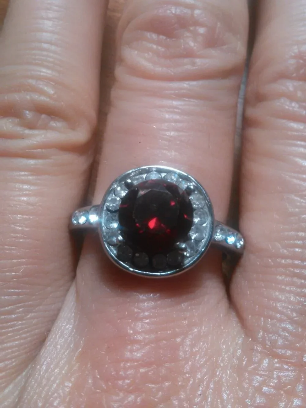 Simulated Ruby and White Crystal Silvertone Ring (Size 9.75)